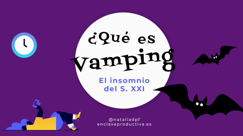 ilustración de la luna, una persona tumbada con un móvil y unos murciélagos, con el título que es el vamping
